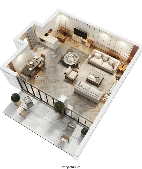 Top View 3D Illustration of Modern Apartment Interior Design with Balcony
