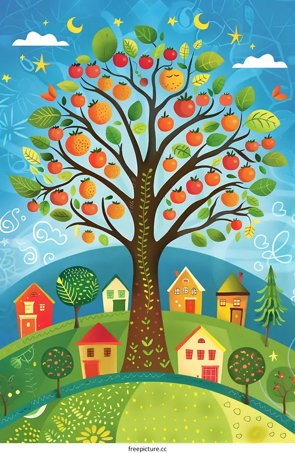 Fruit Tree Growing Over Cartoon Houses And Blue Sky