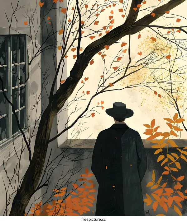 Man in a Black Coat Standing in an Autumn Garden