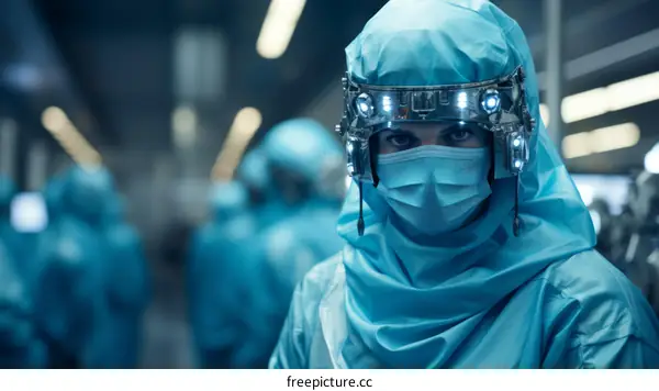 A woman in a blue hazmat suit and mask looks at the camera