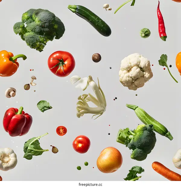 Floating Vegetables and Spices on White Background