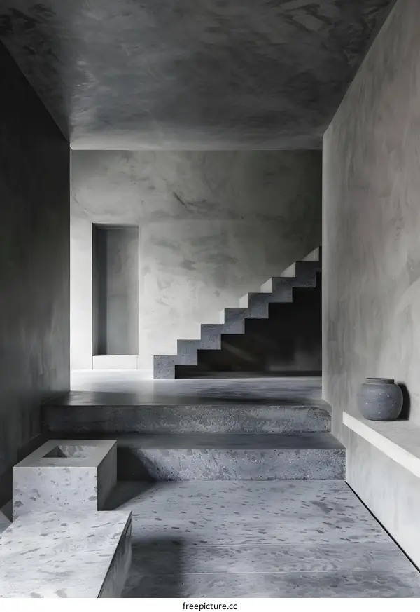 Modern Minimalist Interior Design with Concrete Stairs and Grey Walls