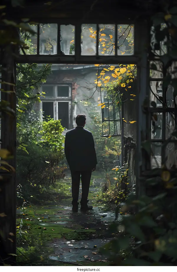 Man in suit walking through overgrown courtyard