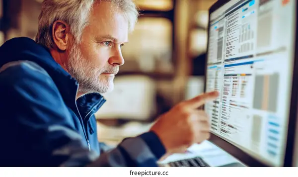 Focused Caucasian Man Analyzing Data on Computer Screen
