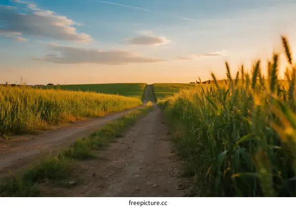 Sunset over a rural dirt road surrounded by green fields