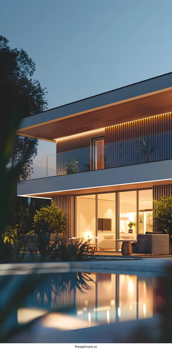 Modern House With Swimming Pool At Night