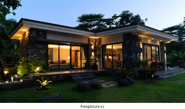 Modern Stone House with Garden and Lighting