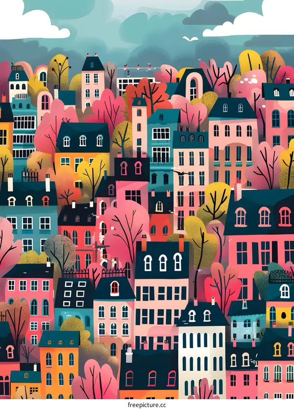 Colorful Illustration of European Cityscape