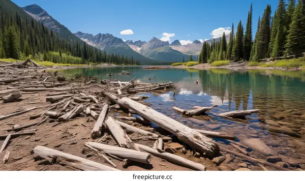 mountain lake with dead tree logs in foreground
