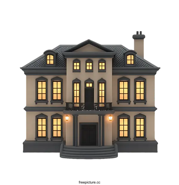 [Transparent Background PNG]Elegant Mansion Illustration with Warm Lights