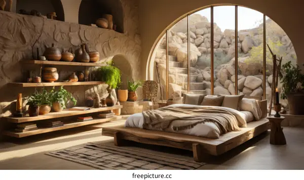 Earthy bedroom interior with large arched window