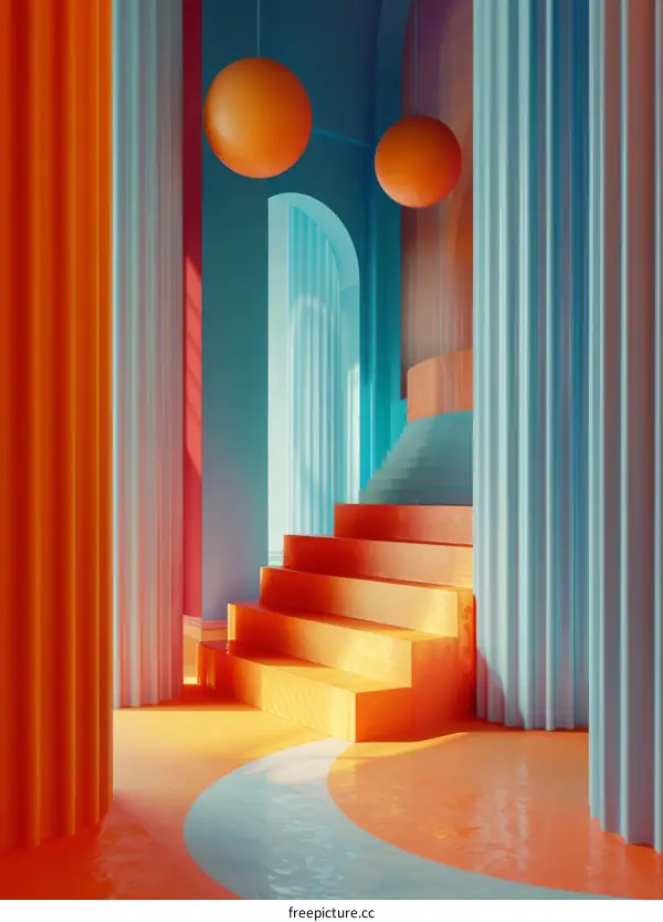 Surreal Floating Staircase with Flowing Blue Curtains and Glowing Orange Spheres