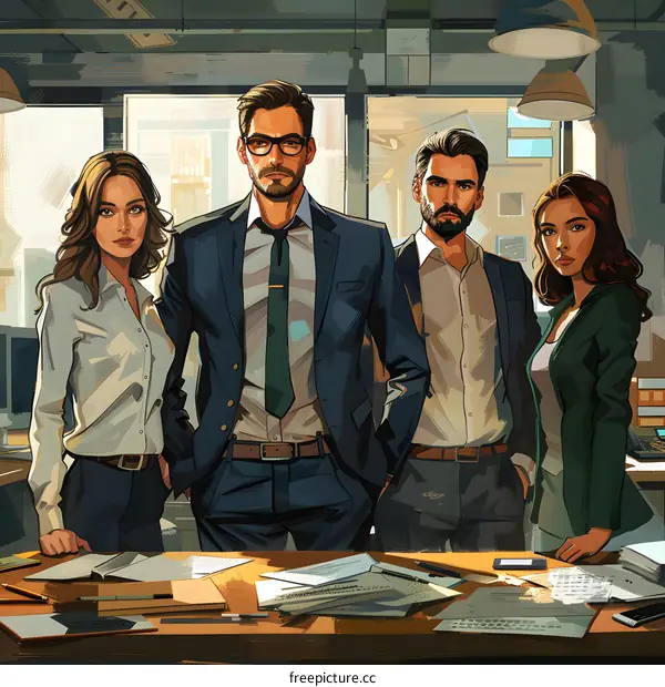 A group of people standing in an office