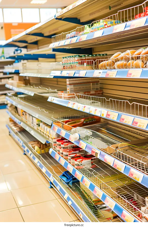 Empty Supermarket Shelves with Only a Few Products Remaining