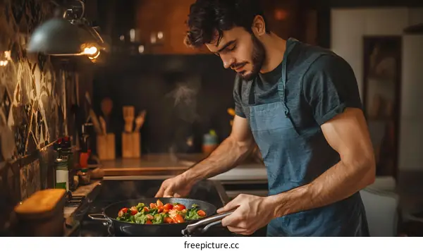 Man Cooking Vegetables in Kitchen