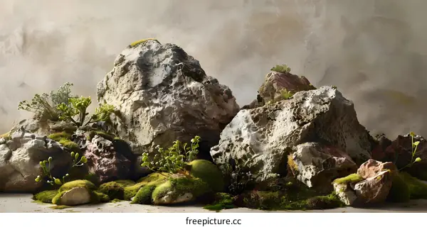 Large Grey Rocks with Green Moss and Plants
