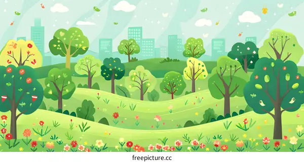 Springtime City Park Illustration with Green Trees and Flowers