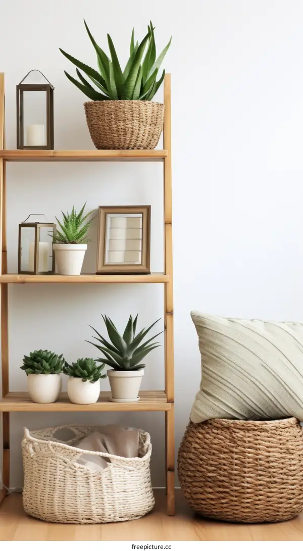 Wooden Shelf with Plants and Cushion