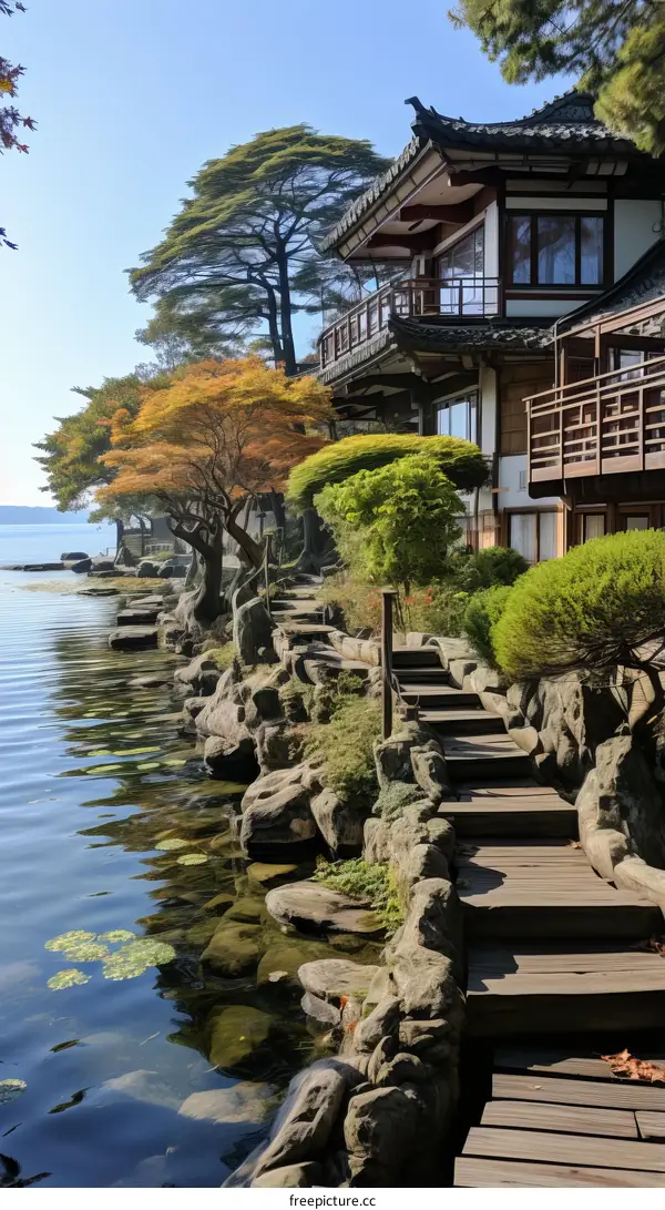 Japanese traditional house near lake with autumn trees and stone path