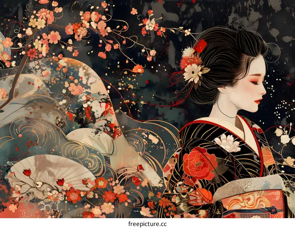 An illustration of a Japanese woman in a kimono with cherry blossoms