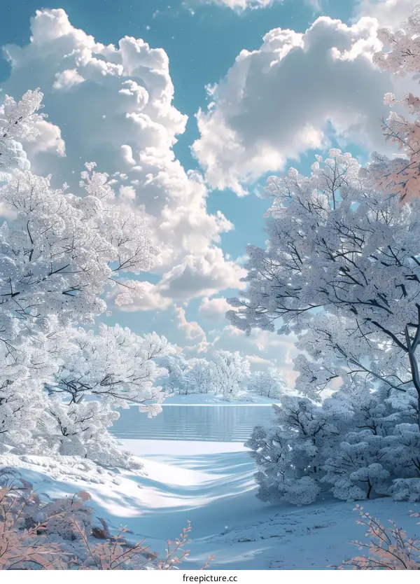 A Winter Wonderland of Snow-Covered Trees and a Frozen Lake