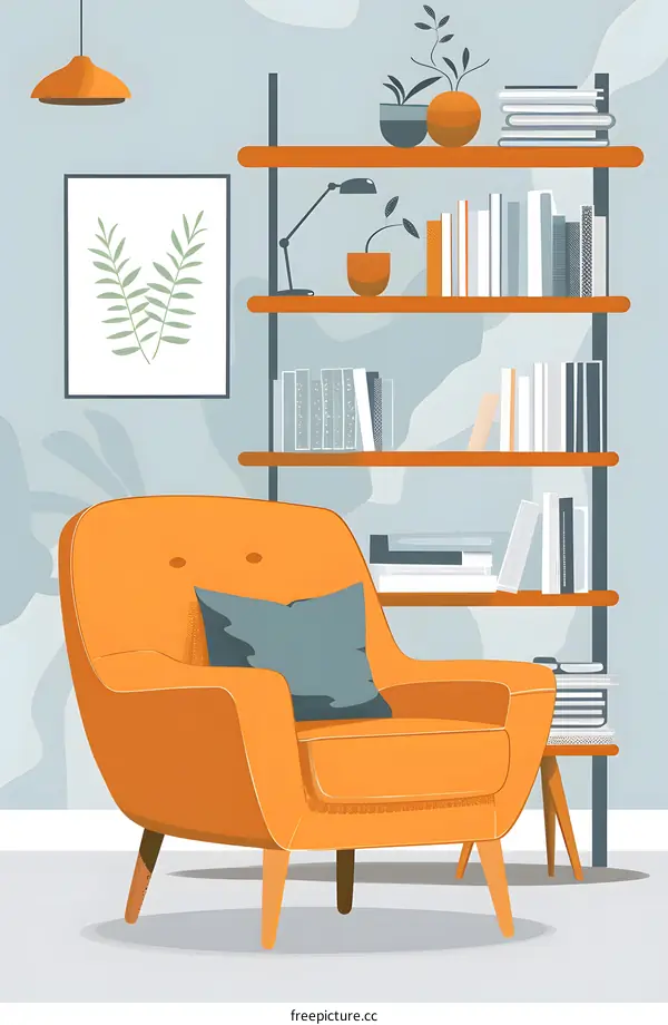 Modern Interior Design With Orange Armchair And Bookshelf