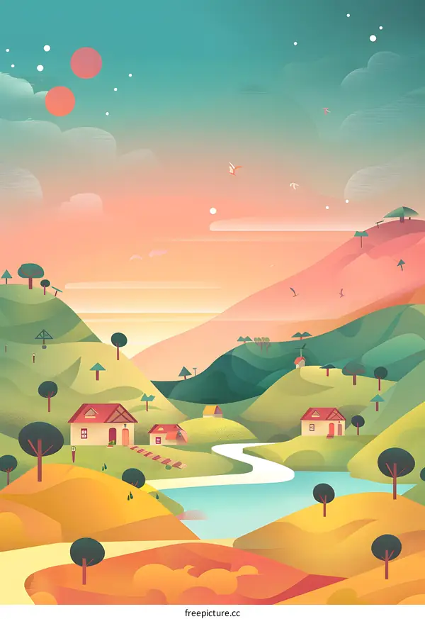 Illustrated Landscape with Houses, River, and Mountains