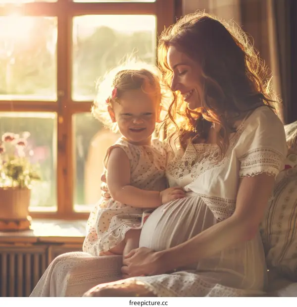 Pregnant mother and her toddler daughter at home