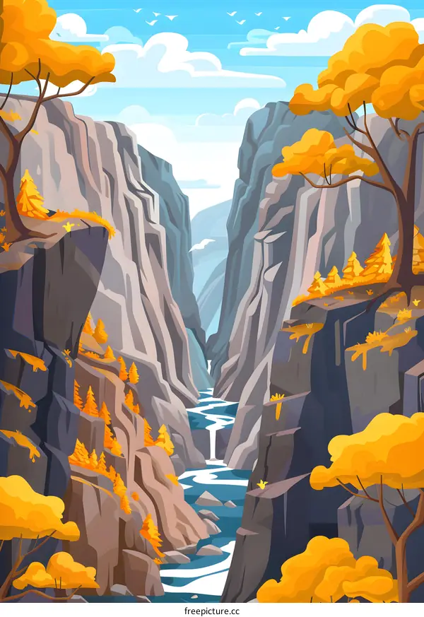 Autumn Landscape with a River Flowing Through a Canyon