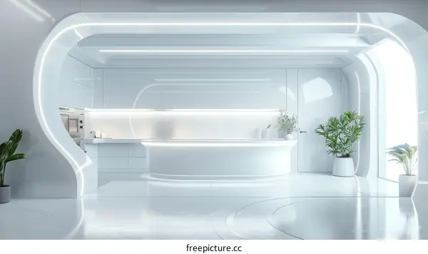 The interior of a futuristic kitchen with a large curved countertop and plants in the background