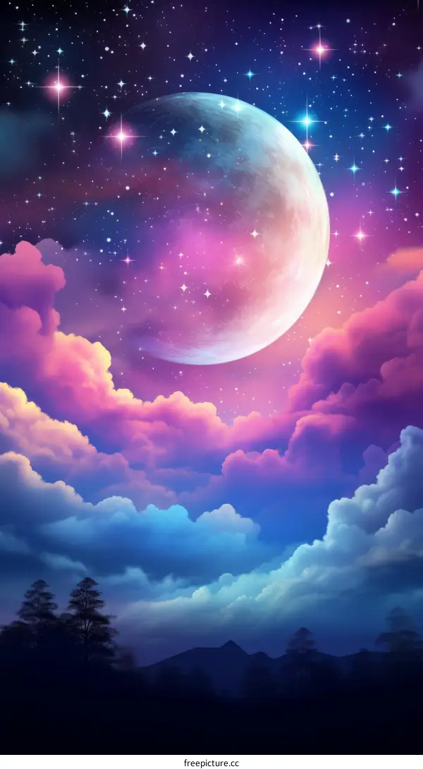 Fantasy Moonlit Landscape with Colorful Clouds