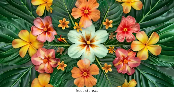 Vibrant Tropical Flowers and Leaves