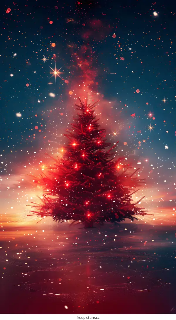 Red Christmas tree shining in the snow