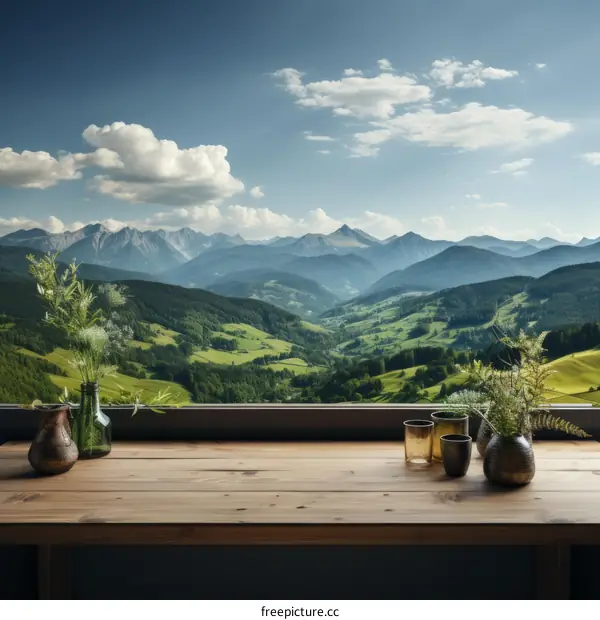 Lush Mountain Range Over Verdant Pastures Under Azure Sky