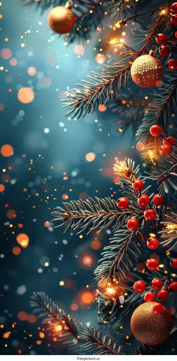 Christmas tree with red berries and golden balls