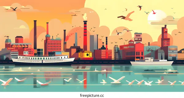 Cityscape Illustration with Sunset and Birds Flying