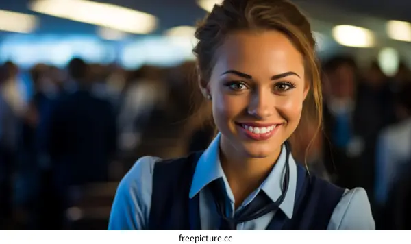 Portrait of a young businesswoman smiling in a busy airport