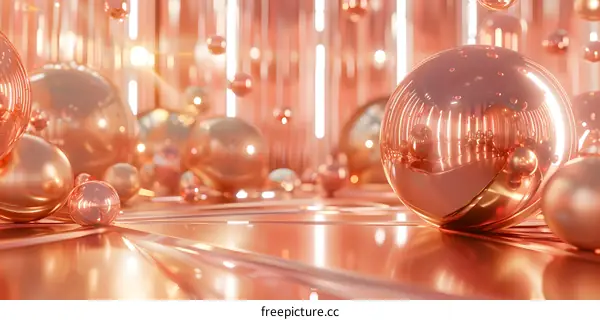 Pink gold spheres in a reflective room
