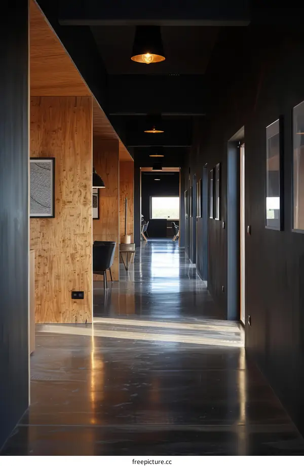 Modern Office Corridors with Dark Floors and Walls