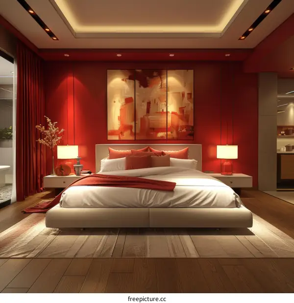 Modern bedroom with red wall and painting