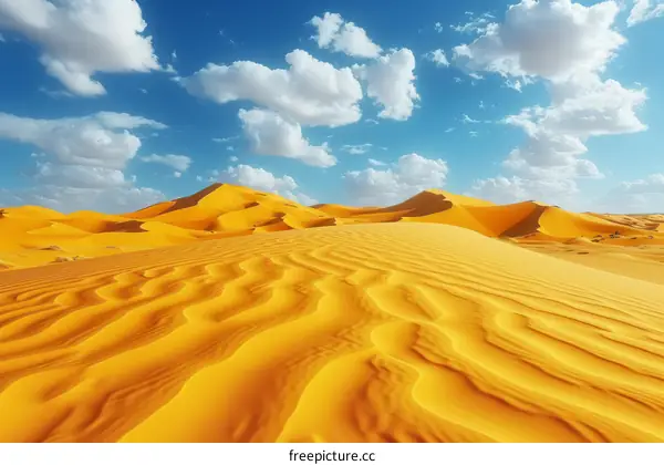 Huge sand dunes in the middle of a desert with a blue sky and white clouds