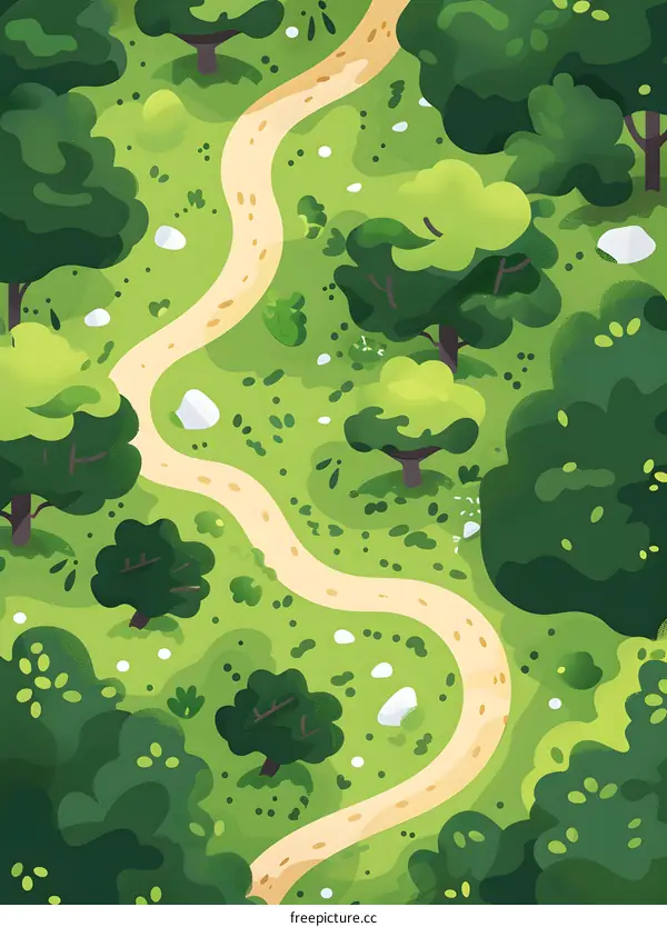 Aerial View of Winding Path Through Lush Green Forest