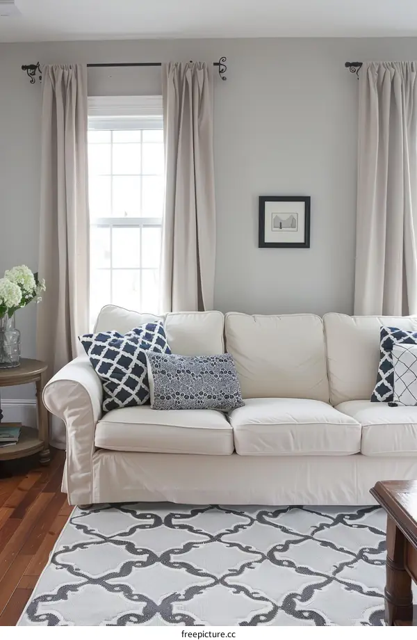 Cozy Living Room with White Sofa and Patterned Rug