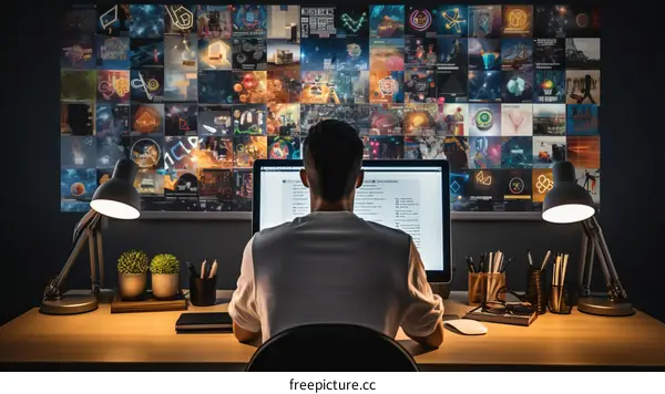 Man looking at a large screen with many images on it