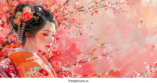 A Japanese Girl Wearing Kimono Under the Cherry Blossoms