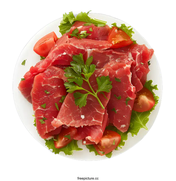 [Transparent Background PNG]Raw Beef Slices With Parsley and Tomatoes