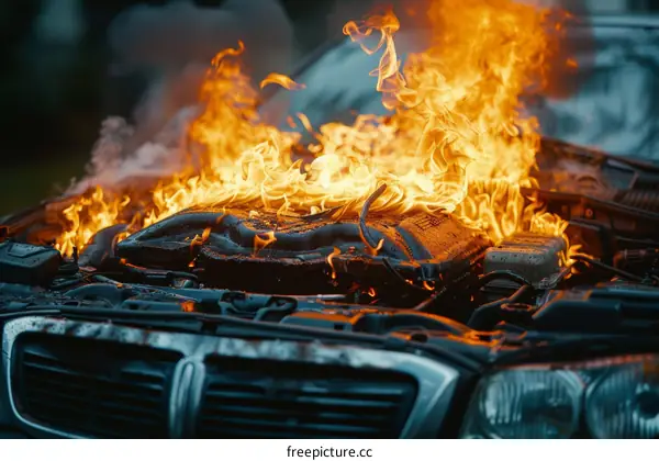 A car is on fire with flames coming out of the hood
