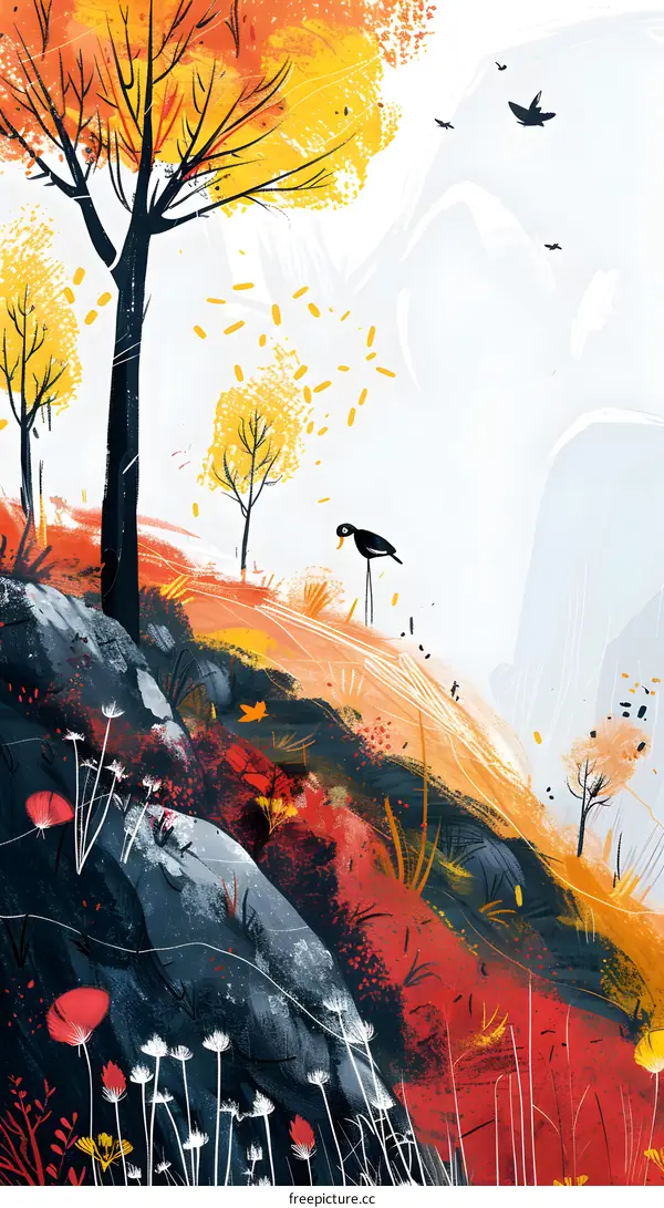 Autumn Landscape Illustration with Trees and Birds
