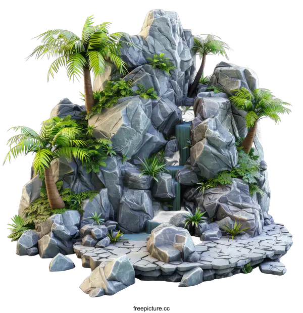 [Transparent Background PNG]Rocky Island Paradise Waterfall and Palm Trees