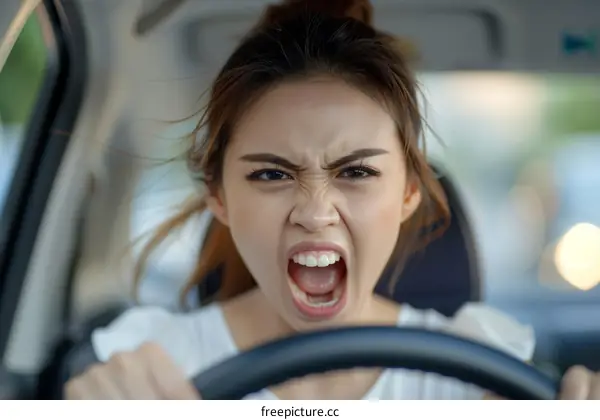 Asian woman driving car shouting road rage angry upset frustrated